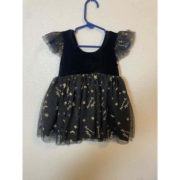 Wicked 18 Month Black Velvet Tulle‎ Star Moon Dress Letter E Sparkle Outfit - Picture 2 of 5